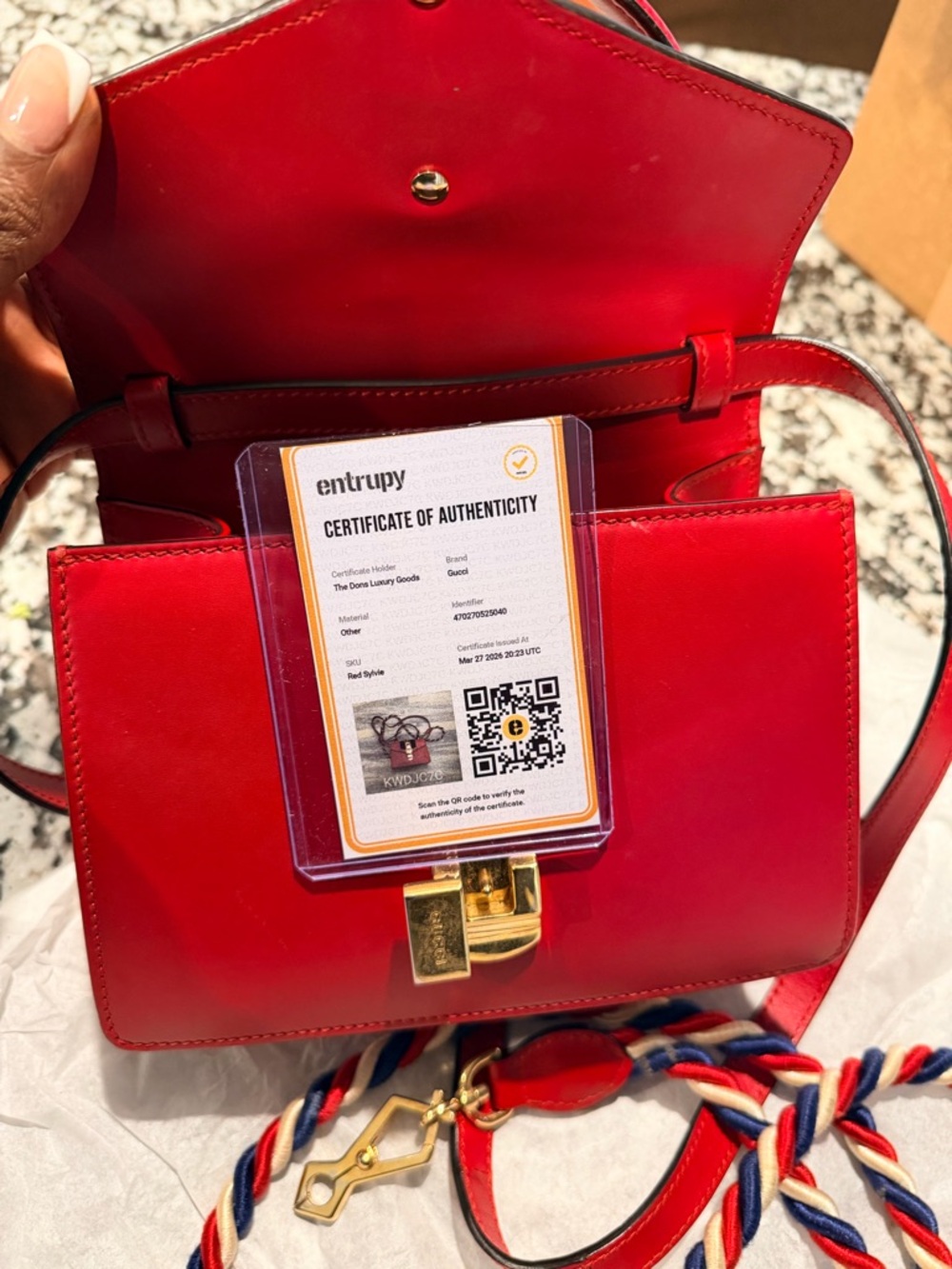 Gucci Red Leather Satchel with Gold Chain and Navy Trim - Picture 7 of 7